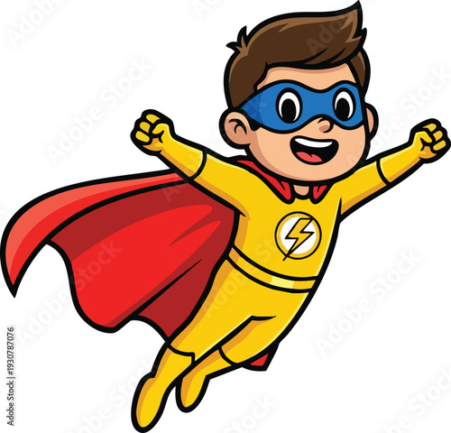 Cute Cartoon Superhero Boy Flying with Red Cape and Blue Mask.