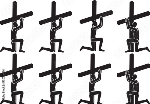Silhouette vector illustration of kneeling figures holding crosses, symbolic devotion concept, burden sacrifice design, religious faith graphic, spiritual worship art
