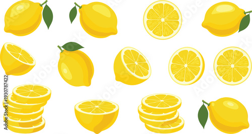 Fresh Lemon Collection with Whole Fruits Slices and Citrus Pieces Bright Yellow Vector Illustration Set