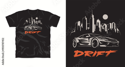 Drift car t-shirt design with city skyline and moon. vector illustration for automotive apparel