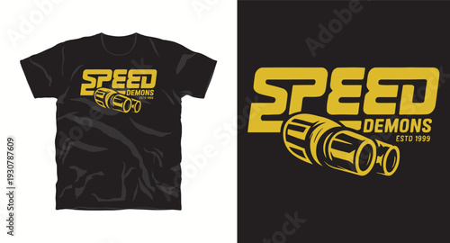 Speed demons exhaust pipe automotive graphic for tshirt design featuring custom dual muffler illustration