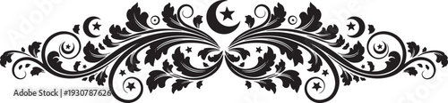 Islamic decorative floral border with crescent moon and star, muslim arabesque ornamental design element