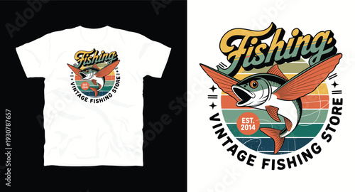 Vintage fishing store badge design featuring flying fish illustration with retro sunset background