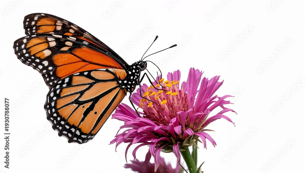 Obraz premium Monarch Butterfly Feeding on Pink Milkweed Flowers Isolated on White Background Hyperrealistic