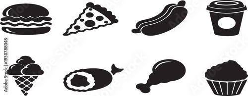 Modern black silhouette food icon collection featuring burger, pizza slice, hotdog, ice cream, coffee cup, sushi, chicken leg and cupcake isolated on white background. Perfect for restaurant branding 