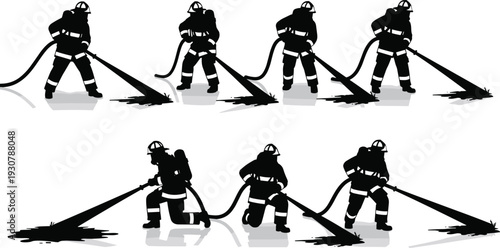 Firefighters spraying water from hose in various positions firemen fire hose water spray