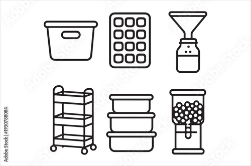 Line art illustrations of various storage containers and dispensers