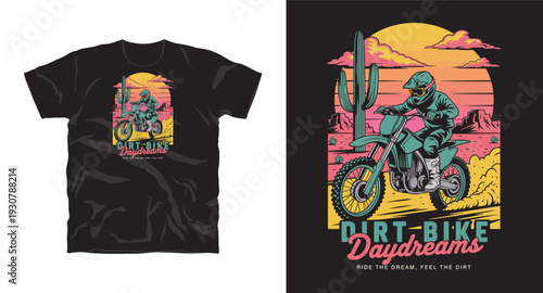 Dirt bike rider in desert landscape with cactus and sunset for t-shirt apparel