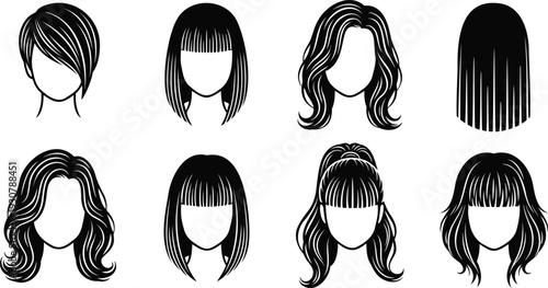 Black and white female hairstyle illustrations, diverse hair designs, straight wavy curly styles, bangs ponytails fashion beauty silhouette collection