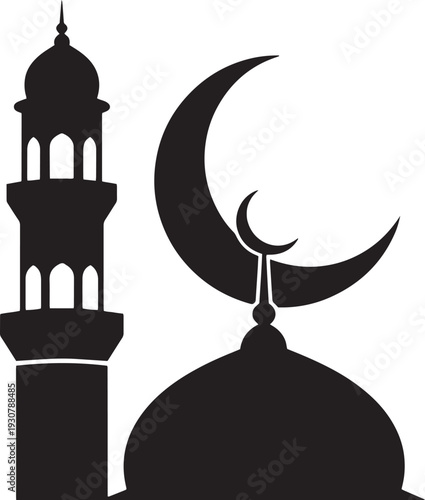 Mosque minaret and dome silhouette with crescent moon and star, islamic architecture element