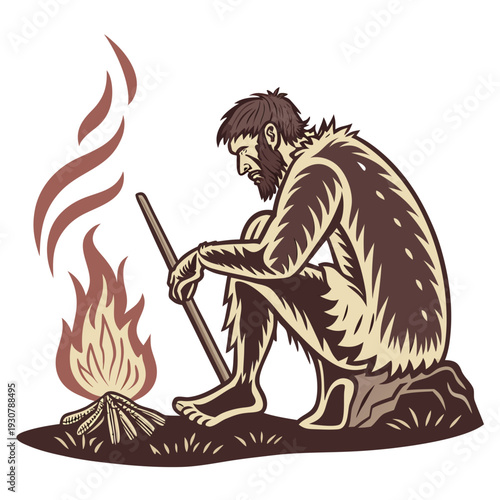 Stone age man sitting by fire with stick caveman primitive