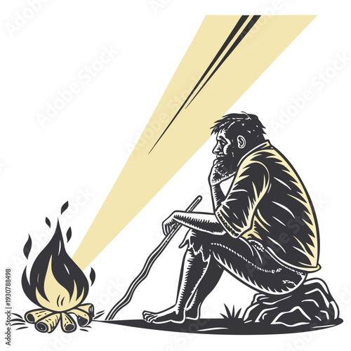 Stone age man sitting by campfire with stick caveman