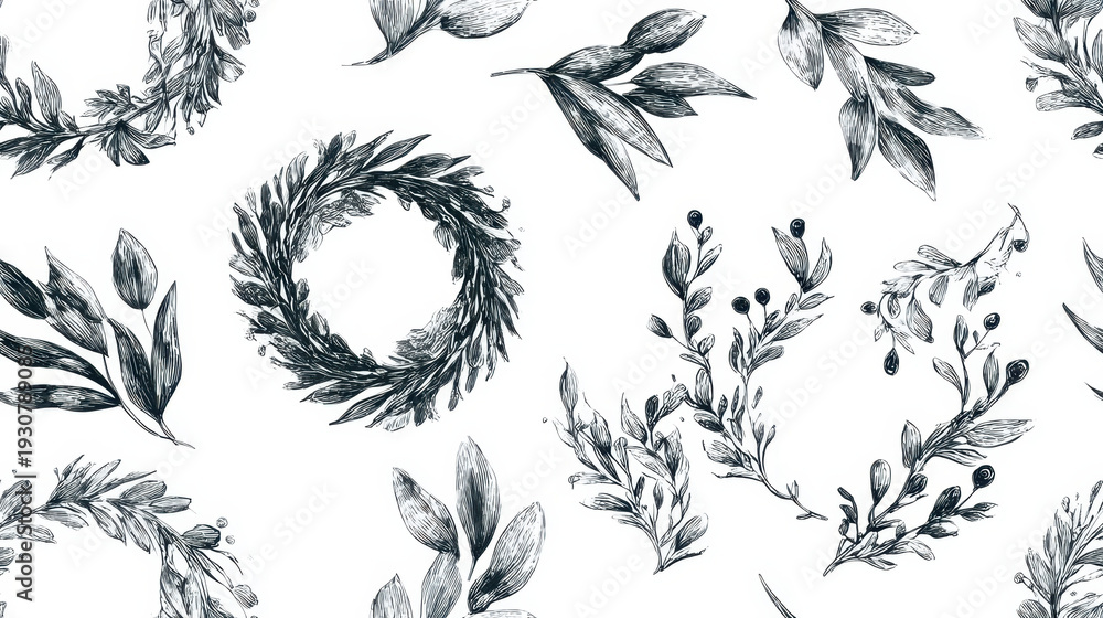 Fototapeta premium Seamless hand drawn botanical wreath fragments with leaves and branches vintage engraving pattern