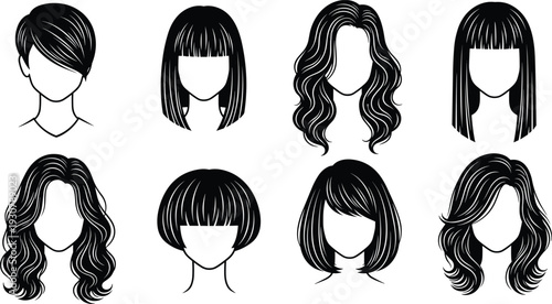 Female hairstyle illustration, black and white hair design, fashion hairstyle sketch, trendy haircut drawing, beauty salon style reference, modern hair art