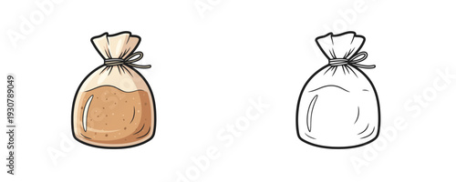 Sachet with visible content shown in colored cartoon and black outline styles with beige and brown colors representing food ingredient and creative coloring activity on white background