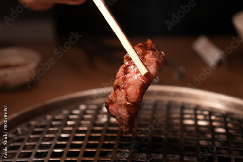 Sizzling Yakiniku Japanese BBQ Grilled on Wire Mesh - 網の上で香ばしく焼ける焼肉