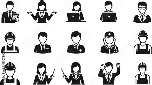 Black and white profession icons, business, construction, medical, education, office workers, career symbols, occupation silhouettes, diverse professions illustration