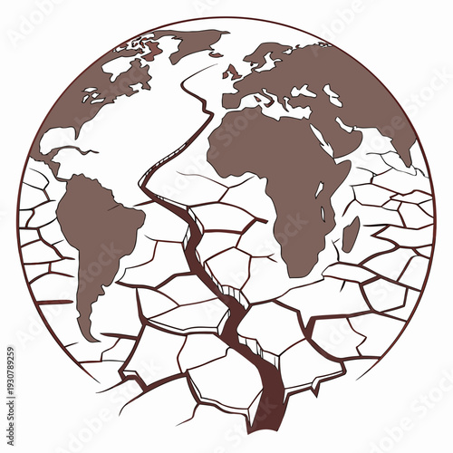Cracked earth globe with brown continents broken