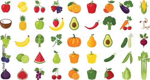 Large collection of flat vector icons featuring diverse fruits and vegetables including apples citrus berries peppers greens and tropical produce for healthy nutrition and grocery marketing.