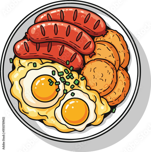 Hearty Breakfast Plate with Sausages Fried Eggs and Hash Browns.