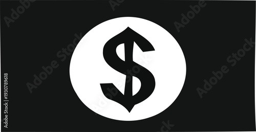 A large dollar sign in a white oval on a black background