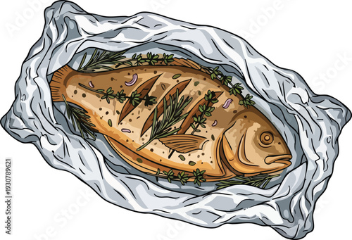 Whole Roasted Fish in Foil with Herbs and Spices.