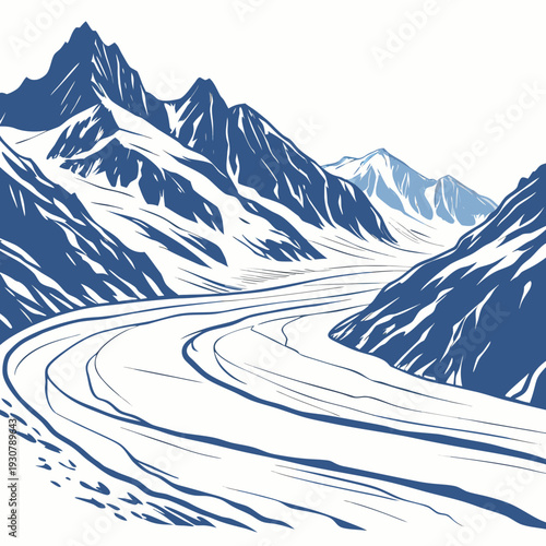 Blue and white of snowy mountain range with glacier
