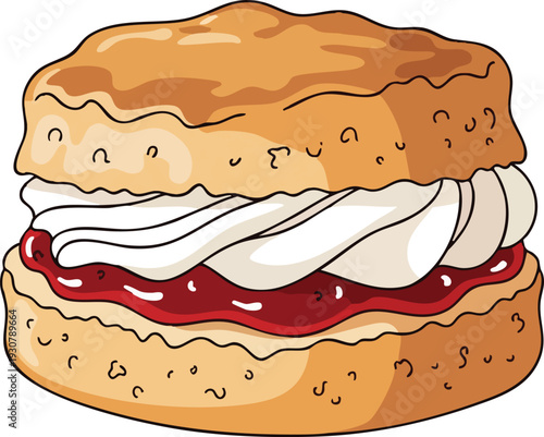 Delicious Scone with Jam and Cream Dessert Illustration.