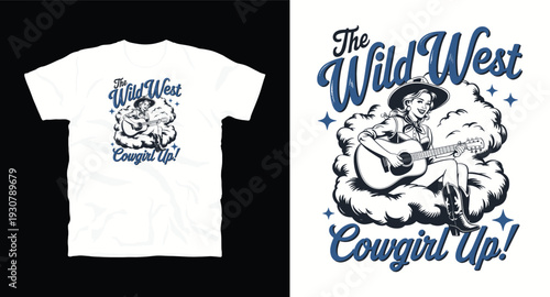 Cowgirl playing guitar in the wild west vintage illustration