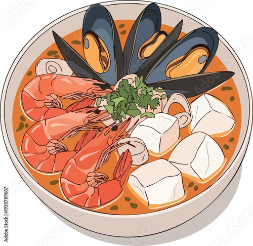 Delicious Seafood Soup with Shrimp Mussels and Tofu.