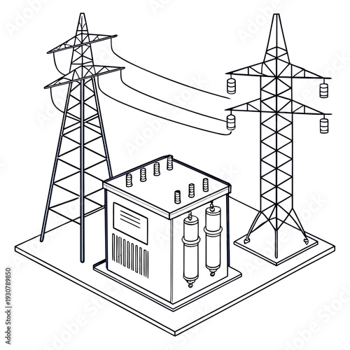 Isometric view of power transmission towers and transformer station
