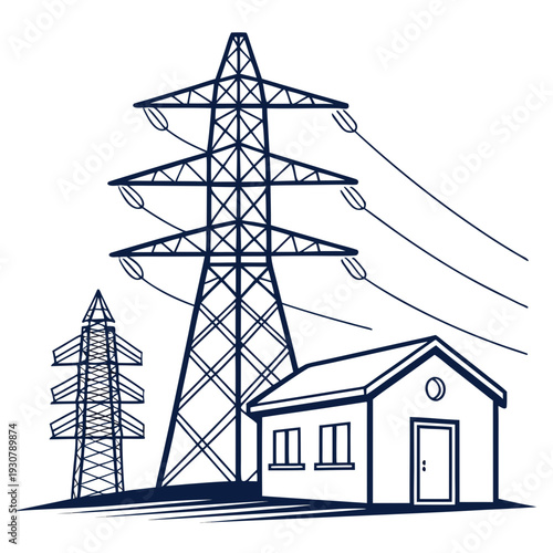 Navy blue of power transmission towers and substation building 1