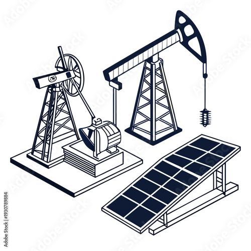 Isometric view of oil pumpjacks and solar panel energy
