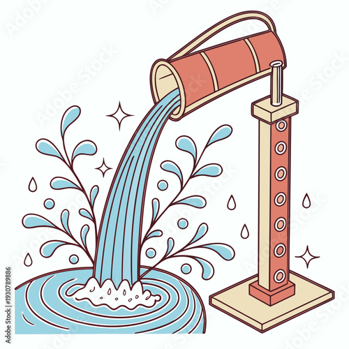 Cartoon style of a red pipe pouring blue liquid water