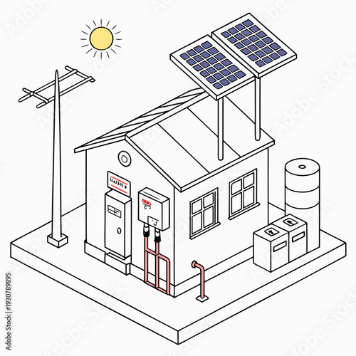 Isometric view of house with solar panels and electrical systems
