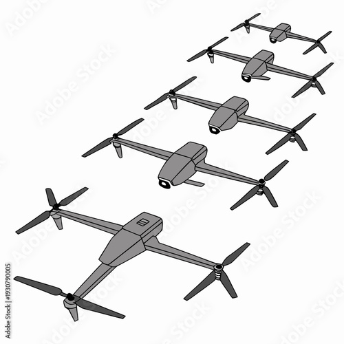 Gray drones with propellers in various positions unmanned aerial vehicles