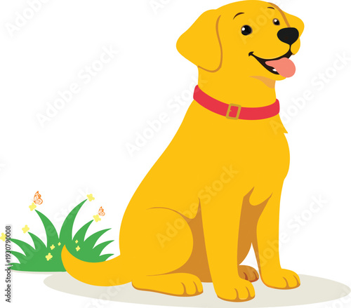 Healthy domestic canine sitting near blooming meadow and flying insects, seasonal parasite prevention and eco-friendly pet lifestyle flat vector concept