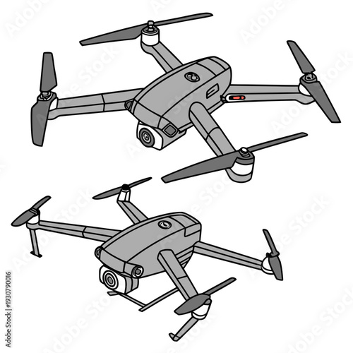 Gray drone with four propellers and camera quadcopter