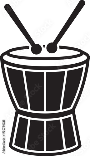 Hand drum with sticks icon representing djembe or bongo percussion instrument in flat black silhouette vector illustration