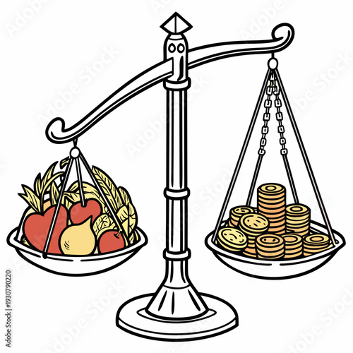 Balance scale with fruit and coins money