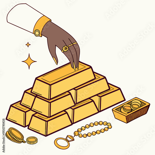 Hand lowering onto gold bars with jewelry coins treasure