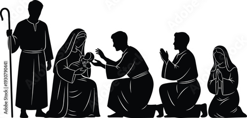 Nativity silhouette illustration, Christian holy scene, Mary with baby Jesus, shepherd staff, three wise men kneeling, Christmas religious artwork