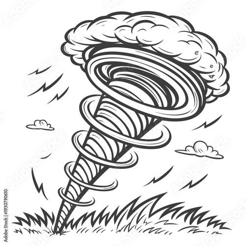 Black and white of a massive tornado touching down on grass