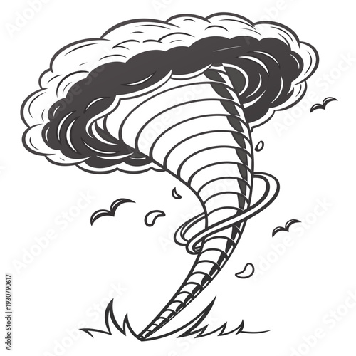 Black and white of a massive tornado with birds flying around