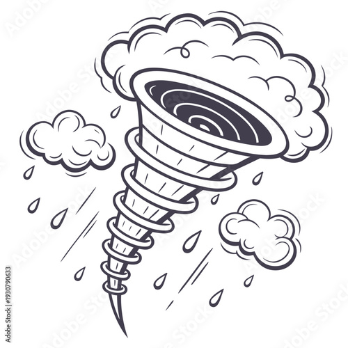 Cartoon tornado with clouds and raindrops storm weather