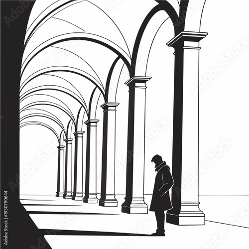 Black and white of a man standing under arches columns