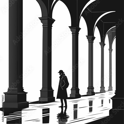 Black and white of a solitary reflective figure standing under arches