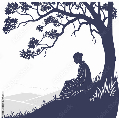Serene buddha sitting under tree on hill peaceful meditation