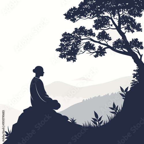 Serene buddha silhouette under tree on mountain meditation