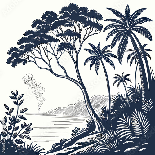 Tropical coastal landscape with palm trees and foliage